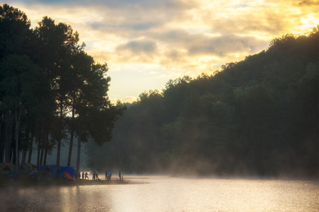 Morning in Pang Ung Lake,North of Thailand, is a tourist place where people come to vacation in the winterの写真素材