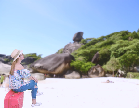 Woman to travel to summer the Similan beachの写真素材