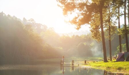Morning in Pang Ung Lake,North of Thailand, is a tourist place where people come to vacation in the winterの写真素材