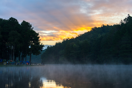 Morning in Pang Ung Lake,North of Thailand, is a tourist place where people come to vacation in the winteの写真素材