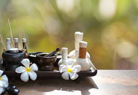 Spa treatment and massage, Thailand, background green nature, soft and select focusの写真素材