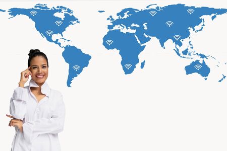 Buiness women thinking on world map network and wireless communication network, abstract image visualの写真素材