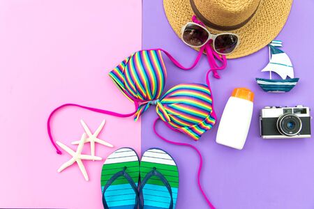 Summer Fashion woman swimsuit Bikini. Tropical sea.Unusual top view.Vacation concept, background colorfulの写真素材