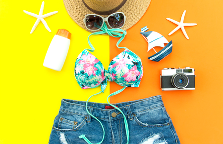 Summer Fashion woman swimsuit Bikini. Tropical sea.Unusual top view.Vacation concept, background colorfulの写真素材