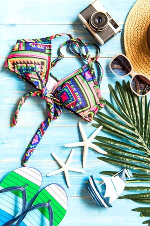 Summer Fashion woman swimsuit Bikini. Tropical sea.Unusual top view.Vacation concept,の写真素材