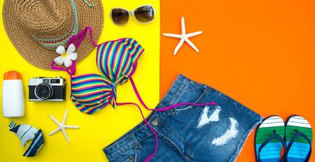 Summer Fashion woman swimsuit Bikini. Tropical sea.Unusual top view.Vacation conceptの写真素材