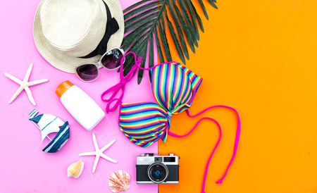 Summer Fashion woman swimsuit Bikini. Tropical sea.Unusual top view.Vacation conceptの写真素材