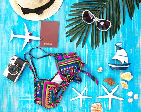 Summer Fashion woman swimsuit Bikini. Tropical sea.Unusual top view. Vacation Concept.の写真素材