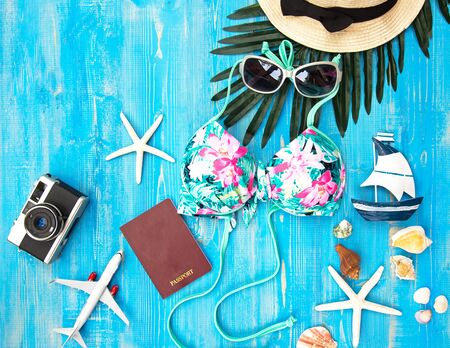 Summer Fashion woman swimsuit Bikini. Tropical sea.Unusual top view. Vacation Concept.の写真素材