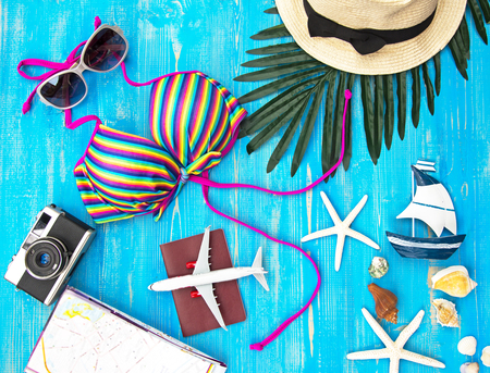 Summer Fashion woman swimsuit Bikini. Tropical sea.Unusual top view. Vacation Concept.の写真素材