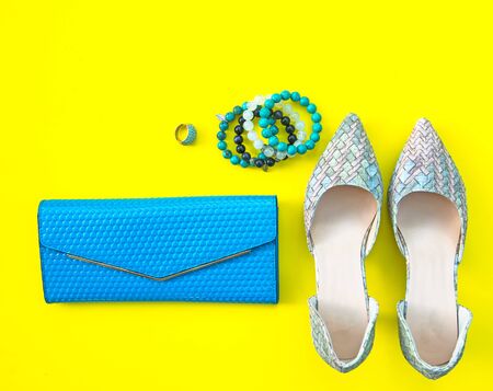 Fashion woman accessories set. Trendy fashion shoes heels, stylish handbag clutch, necklace and ring. Lifestyle Concept.の写真素材