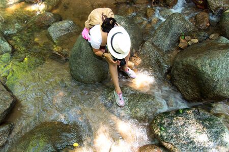 Asian women photography take a photo of waterfall in deep forest in Thailandの写真素材
