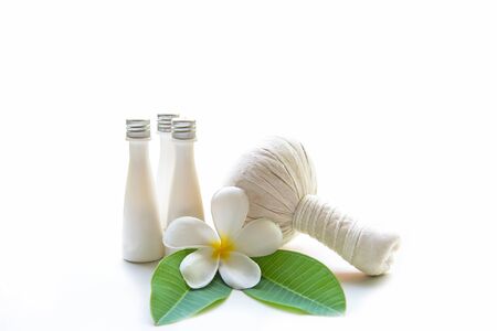 Thai Spa Treatments and massage flower on wooden white  background, copy space.  Healthy Concept. の写真素材