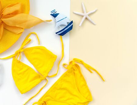 Summer Fashion woman swimsuit Bikini. Tropical sea.Unusual top view. Summer Concept.の写真素材