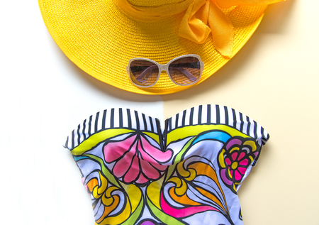 Summer Fashion woman swimsuit Bikini. Tropical sea.Unusual top view, colorful background.  Summer Concept.の写真素材