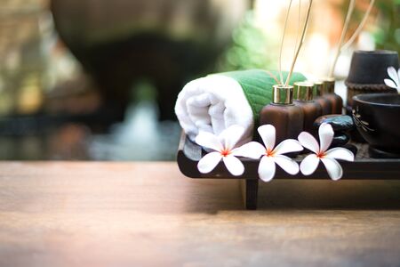 Thai Spa massage compress balls, herbal ball and treatment  spa, relax and healthy care with flower, Thailand.  Healthy Concept. select focusの写真素材
