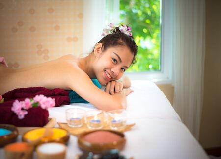 Treatment spa and massage people beauty for healthy lifestyle and relaxation.  Close up of salt massage scrub.  Thai Spa.  Healthy Conceptの写真素材