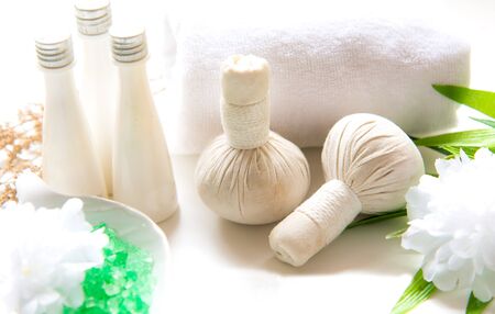 Thai Spa Treatments and massage on wooden white.  Healthy Concept. select and soft focusの写真素材