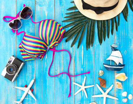 Summer Fashion woman swimsuit Bikini. Tropical sea.Unusual top view, colorful background.  Summer Concept.の写真素材