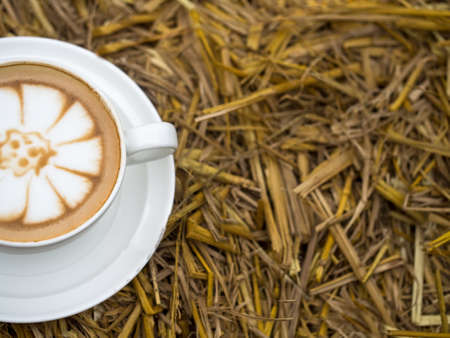 Coffee cup on straw in the rise fields,soft focusの写真素材
