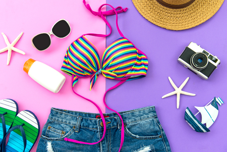 Summer Fashion woman swimsuit Bikini. Tropical sea.Unusual top view, colorful background.  Summer Concept.の写真素材