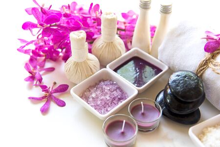 Thai Spa Treatments aroma therapy salt and sugar scup and rock massage with orchid flower on wooden white.  Healthy Concept. copy space,select and soft focusの写真素材