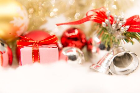 Christmas decorative with gift box and snowflake.  Merry Christmas and Happy New Year 2018 text on light background.の写真素材