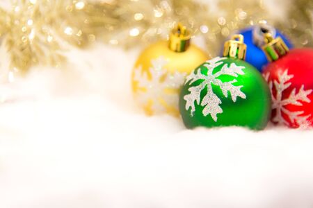 Christmas decorative with gift colorful ball and snowflake.  Merry Christmas and Happy New Year 2018 text on light background.の写真素材