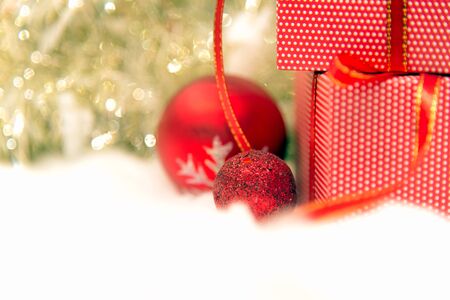 Christmas decorative with gift box and snowflake.  Merry Christmas and Happy New Year 2018 text on light background. select focusの写真素材