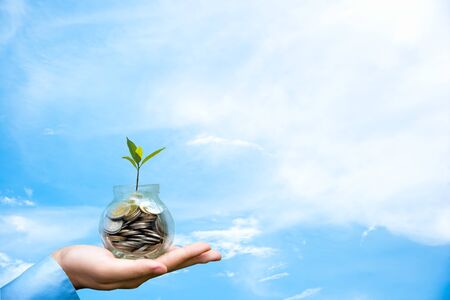 Businessman hand holding coin money cover growing plant. Plant growing out of coins with filter effect, money growing and small tree in jar, blue sky background.Investment conceptの写真素材