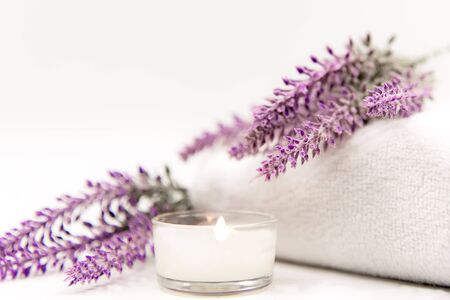 Lavender aromatherapy Spa with candle.  Thai Spa relax Treatments and massage white background.  Healthy Concept. select and soft focusの写真素材
