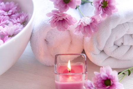 Spa treatment and product for female feet and manicure nails spa with pink flower and rock stone, copy space, select focus, Thailand. Healthy Conceptの写真素材