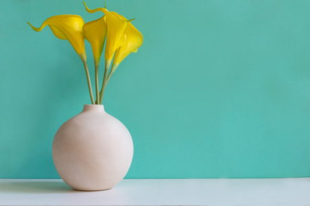 Green wall with flower on shelf white wood, copy space for text. Still life and Lifestyle Conceptの写真素材