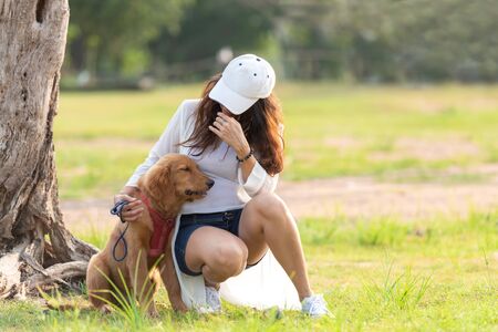 Asian lifestyle woman playing with golden retriever friendship dog in sunrise outdoor the summer park.の写真素材