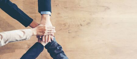 Partners Team work joining hands to success together. Business Team stack of hands for star up project, copy space for text banner.  Team work Conceptの写真素材