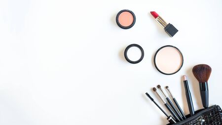 Makeup beauty cosmetic fashion set background. Cosmetics woman bag product facial, lipstick Â and items decorative composition flat lay on white background.Â  Lifestyle fashion Conceptの写真素材