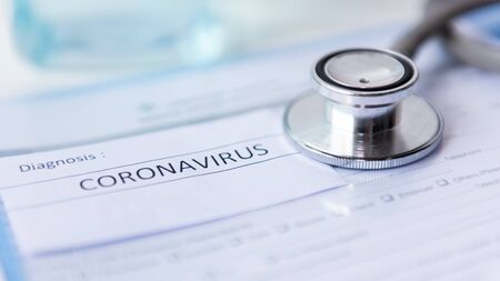 Doctor test Coronavirus report with stethoscope. Protection Coronavirus and Covid Virus.  Health Conceptの写真素材