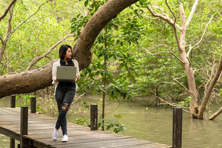 Asian women working and drinking coffee after education nature and forest input the laptop under big tree. The mangrove forest nurture environmental and reduce global warming earth. Ecology Conceptの写真素材
