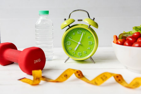 Diet Healthy food and lifestyle health concept. Sport exercise equipment workoutÂ andÂ gym background with nutrition detox salad for fitness style. Health care Conceptの写真素材