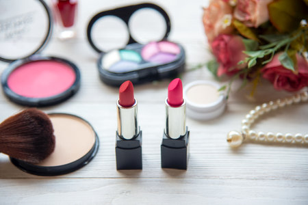 Gift Cosmetic.  Makeup cosmetics tools background and beauty cosmetics, products and facial cosmetics package lipstick, eyeshadow with pink rose and pearl necklace on the white background, vintage tone.  Lifestyle Conceptの写真素材