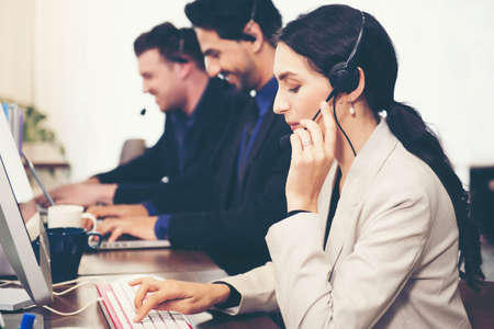 Call center and customer service team support for information operator at work.Â  People woman...
