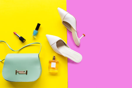 Fashion bag and shoe woman accessories pastel background. Trendy fashion luxury handbag, shoe, perfume and cosmetic design. Lifestyle and Beauty Conceptの写真素材