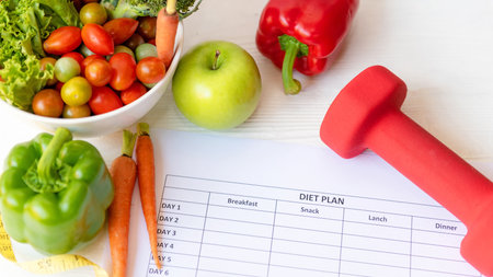 select focus. Diet Health Plan. Workout planing for stay at home. Sport exercise equipment workout andÂ gym background with nutrition fresh salad for fitness style. Healthy Lifestyle Conceptの写真素材