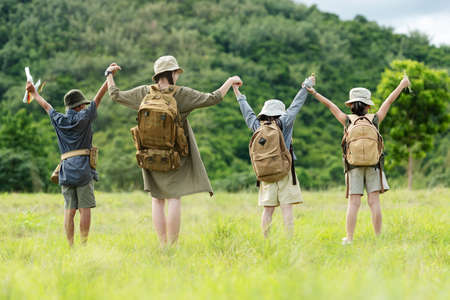 Group friend children travel nature summer trips.  Family Asia people  tourism happy and fun explore adventure outdoors for leisure and destination for education natural.  Travel Lifestyle Conceptの写真素材