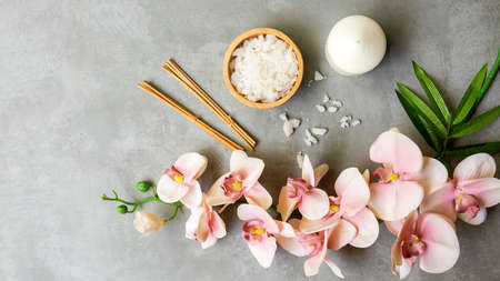 MassageThai Spa.  Spa massage setting for treatment and relax with  pink orchid on blackboard.  Lifestyle Healthy Concept,  copy space for banner, top viewの写真素材