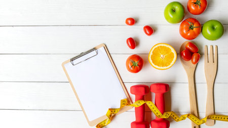 Planning for Diet Health eat and food.  Sport exercise equipment workout with fresh fruit and measuring tap, note pad for fitness style. Nutrition Healthy Lifestyle Concept, Top view and copy spaceの写真素材