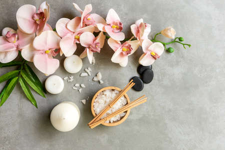 MassageThai Spa.  Spa massage setting for treatment and relax with  pink orchid on blackboard.  Lifestyle Healthy Concept,  copy space for banner, top viewの写真素材