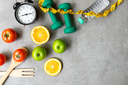 Diet Health eat and food for lifestyle health concept. Sport exercise workout and fresh fruit and...