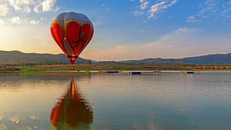 Hot air balloons flying over river and the cosmos flowers field in Chiang Rai province of Festival Thailandのeditorial素材