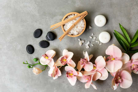 MassageThai Spa.  Spa massage setting for treatment and relax with  pink orchid on blackboard.  Lifestyle Healthy Concept,  copy space for banner, top viewの写真素材